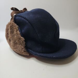Vintage Trapper Hat Attack New York USA Union Label Retro Navy Wool Fleece Lined